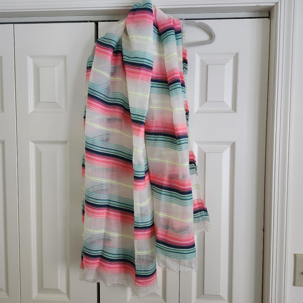 Gap Women Multi-color Neon Striped Fringe Raw Hem Light Weight Off White Scarf